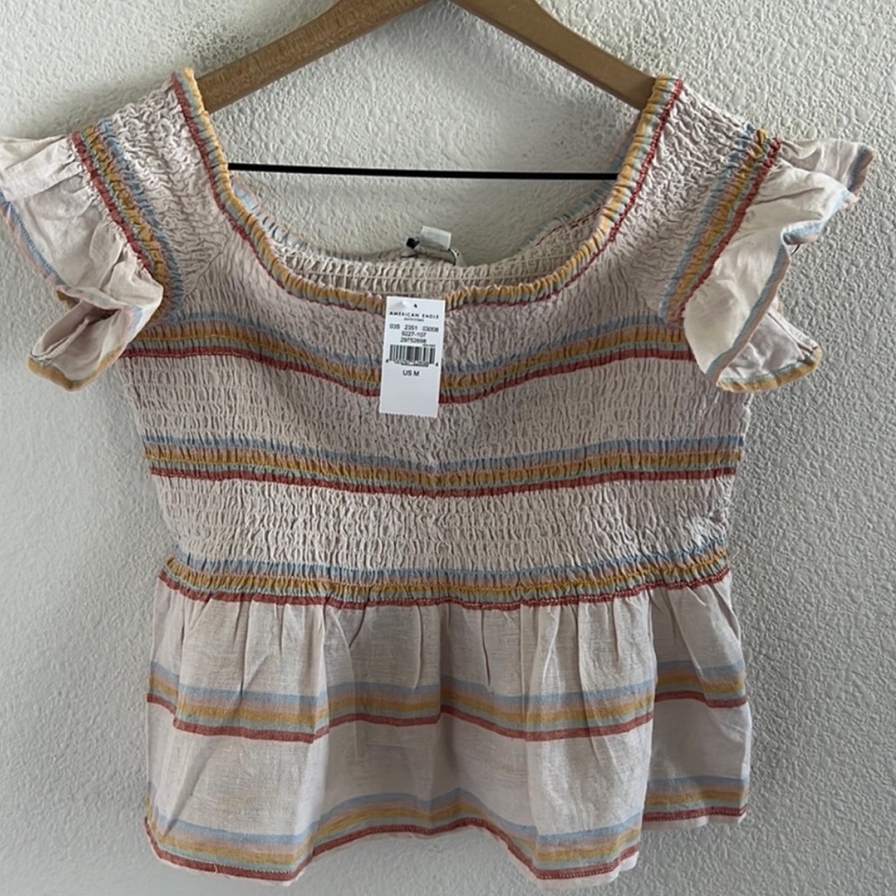 NWT American Eagle Boho Cotton Linen Cropped Tank Striped Off Shoulder